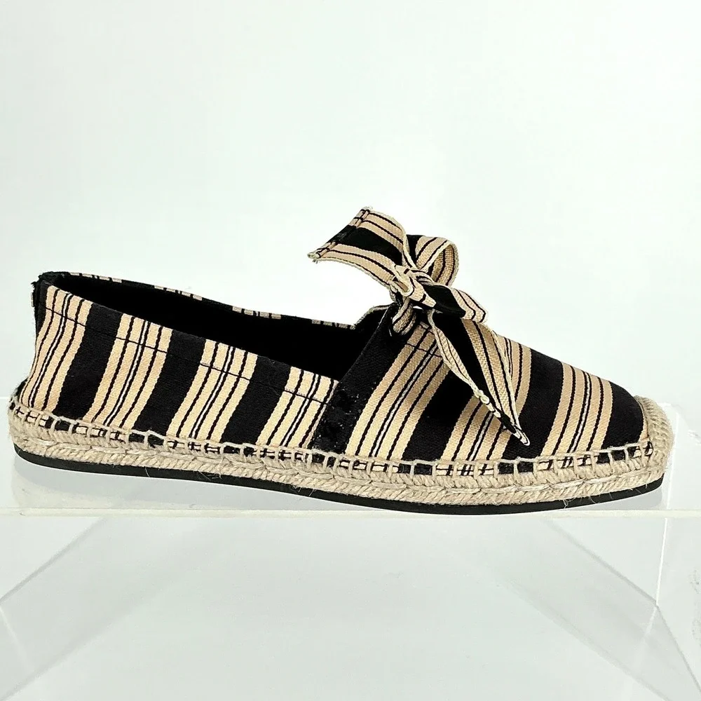 Tory Burch Size 6 Bow Espadrille Flats Black Tan NEW Vintage Striped Canvas $248